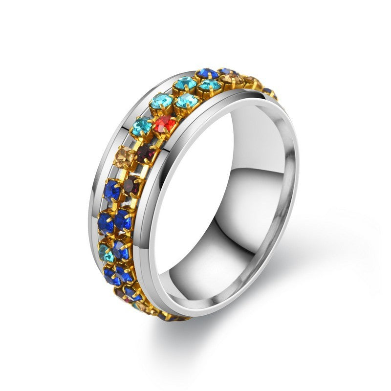 Ring Stainless Steel Colorful Diamond Chain Rotating Ring Ladies Titanium Steel Ring